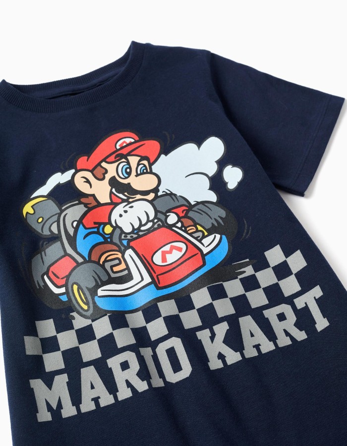 Short sleeve cotton pyjamas with Mario Kart print for boys, blue/grey