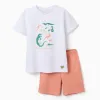 Short sleeve cotton pyjamas with alligator print for boys, white/orange