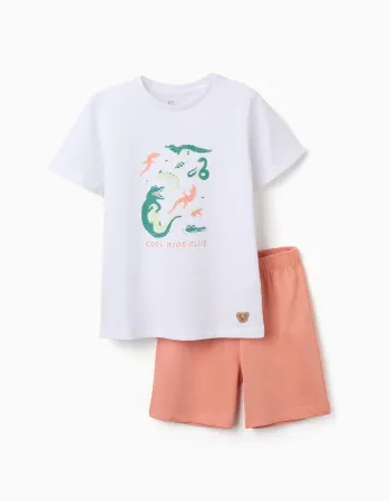 Short sleeve cotton pyjamas with alligator print for boys, white/orange