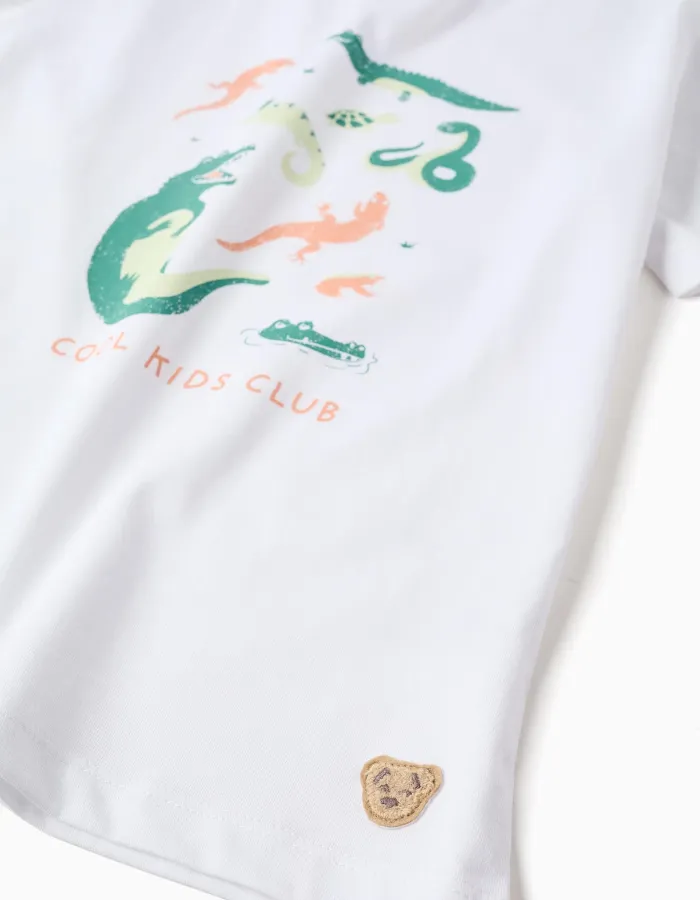 Short sleeve cotton pyjamas with alligator print for boys, white/orange