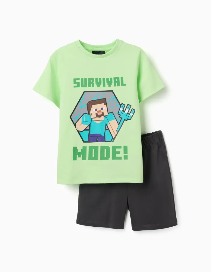 Short sleeve cotton pyjamas with Minecraft print for boys, green/grey