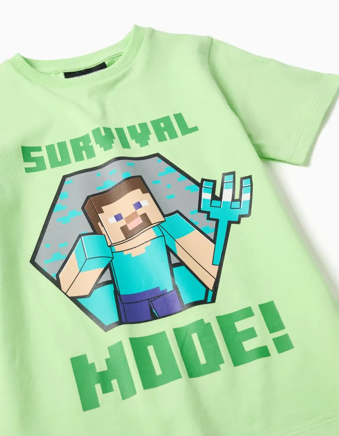 Short sleeve cotton pyjamas with Minecraft print for boys, green/grey