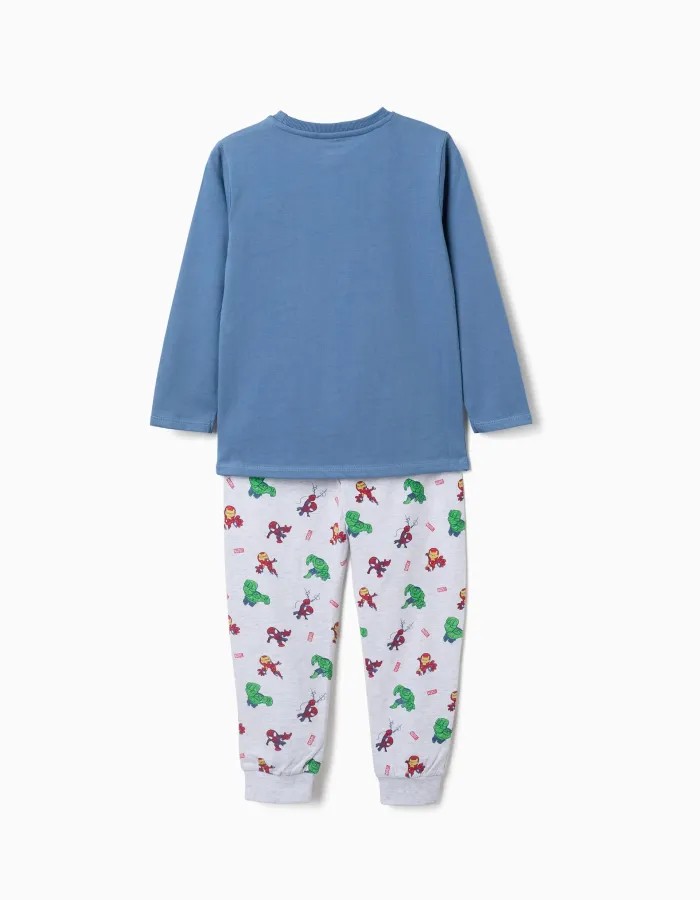 Long sleeve cotton pyjamas with Marvel prints for boys, blue/grey
