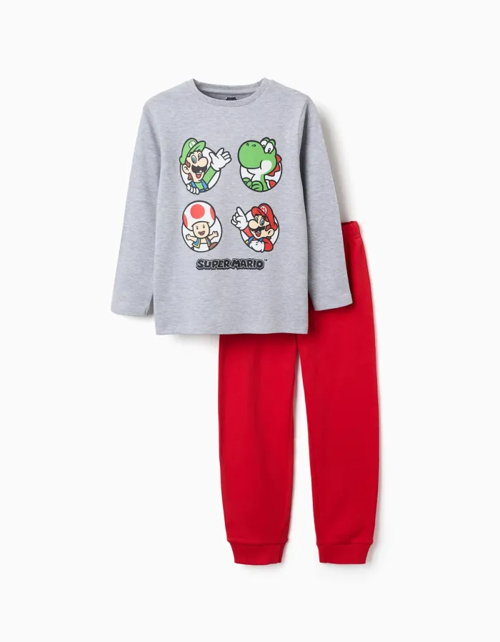 Long sleeve cotton pyjamas with Super Mario print for boys, grey/red