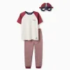 Short sleeve cotton pyjamas with padded mask for boys, white/red