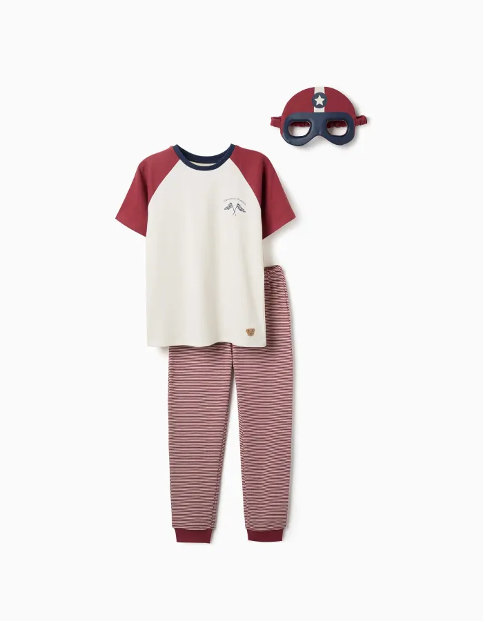 Short sleeve cotton pyjamas with padded mask for boys, white/red