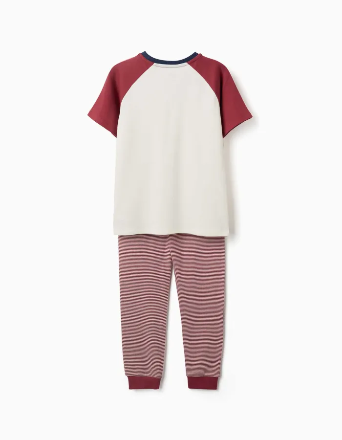 Short sleeve cotton pyjamas with padded mask for boys, white/red