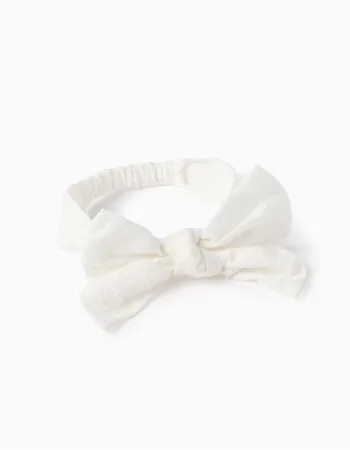 Hairband with Floral Embroidery and Bow for Babies and Girls, White