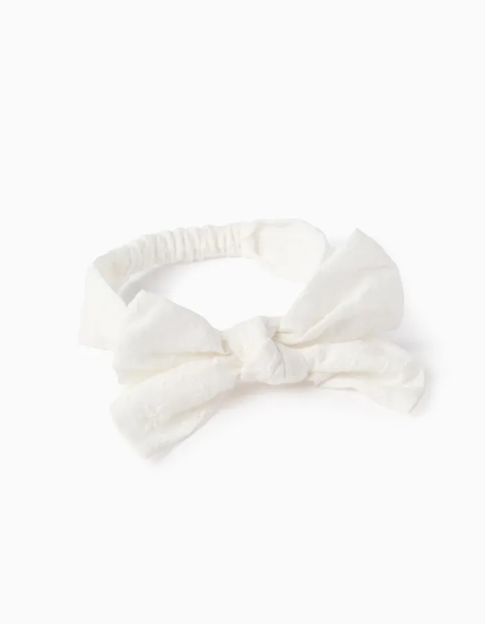 Hairband with Floral Embroidery and Bow for Babies and Girls, White