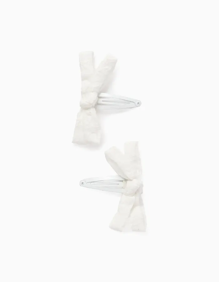 Pack of 2 Hair Clips with Floral Embroidered Bow for Babies and Girls, White