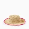 Straw Hat with Trim for Girls, Beige/Pink