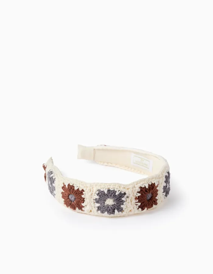 Crochet Flower Headband for Baby and Girls, Grey/Beige/Brown