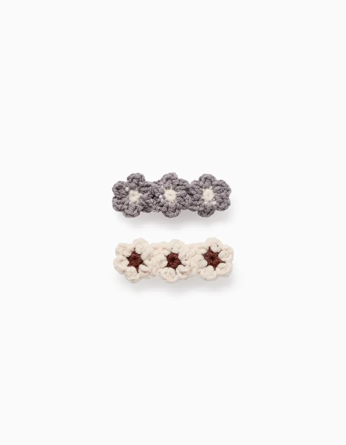 Pack of 2 Hair Clips with Crochet Flowers for Baby Girls and Girls, Grey/Beige/Brown