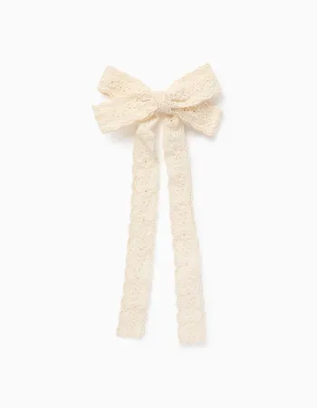 Hair Slide with Long Bow of Broderie Anglaise for Babies and Girls, White