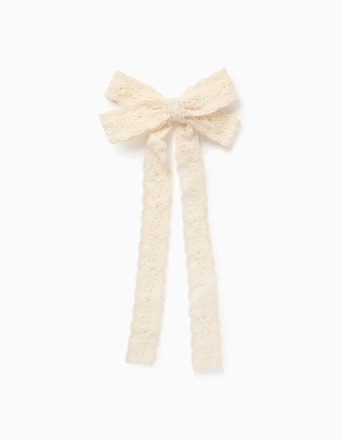 Hair Slide with Long Bow of Broderie Anglaise for Babies and Girls, White