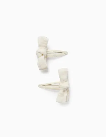 Pack of 2 Hair Clips with Fabric Dobby Bow for Babies and Girls, White