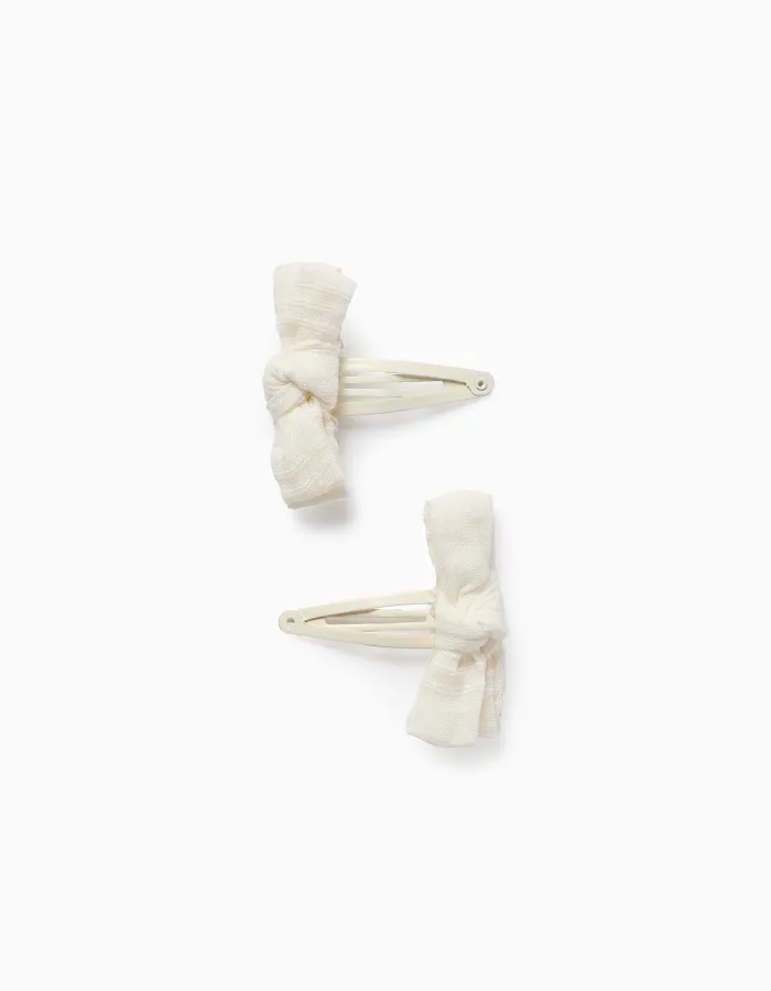 Pack of 2 Hair Clips with Fabric Dobby Bow for Babies and Girls, White