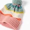 Knitted beanie with jacquard and pompon for girls, multicolour