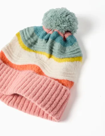 Knitted beanie with jacquard and pompon for girls, multicolour