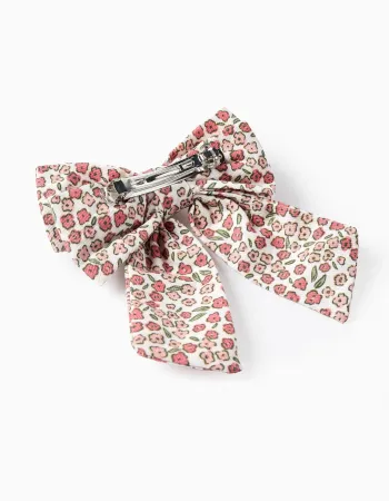 Hair Clip with Floral Bow for Babies and Girls, White/Pink