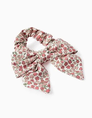 Floral Scrunchie with Bow for Babies and Girls, White/Pink