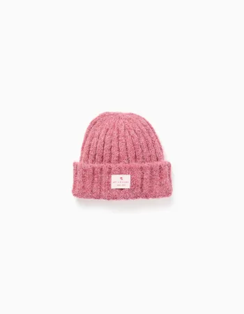 Thick cable knit beanie for girls, dark pink