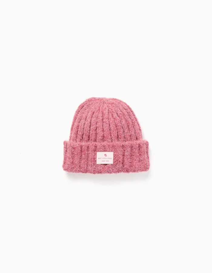 Thick cable knit beanie for girls, dark pink