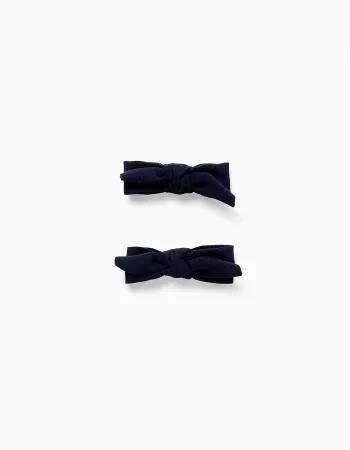 Pack of 2 Hair Clips with Bow in Cotton for Girls, Dark Blue