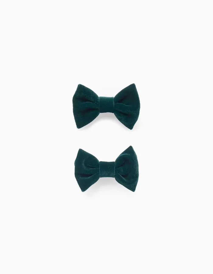 Pack of 2 Velvet Hair Clips for Babies and Girls, Dark Green