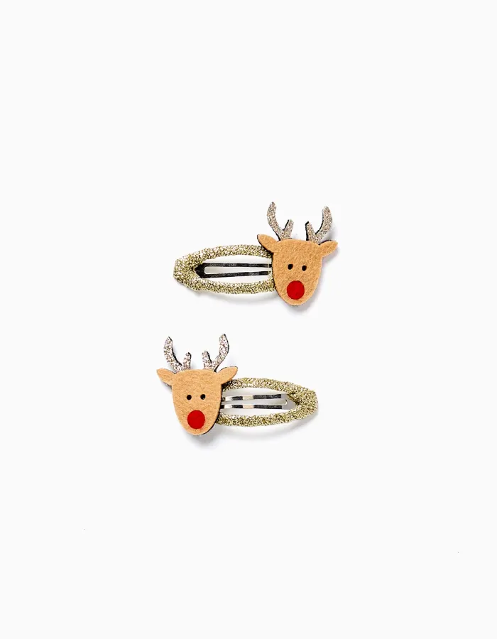 Pack of 2 Glitter Christmas Hair Pins for Babies and Girls 'Reindeer', Gold