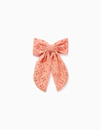 Hair slide with bow in broderie anglaise for babies and girls, orange