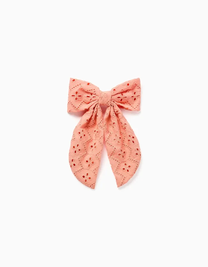 Hair slide with bow in broderie anglaise for babies and girls, orange