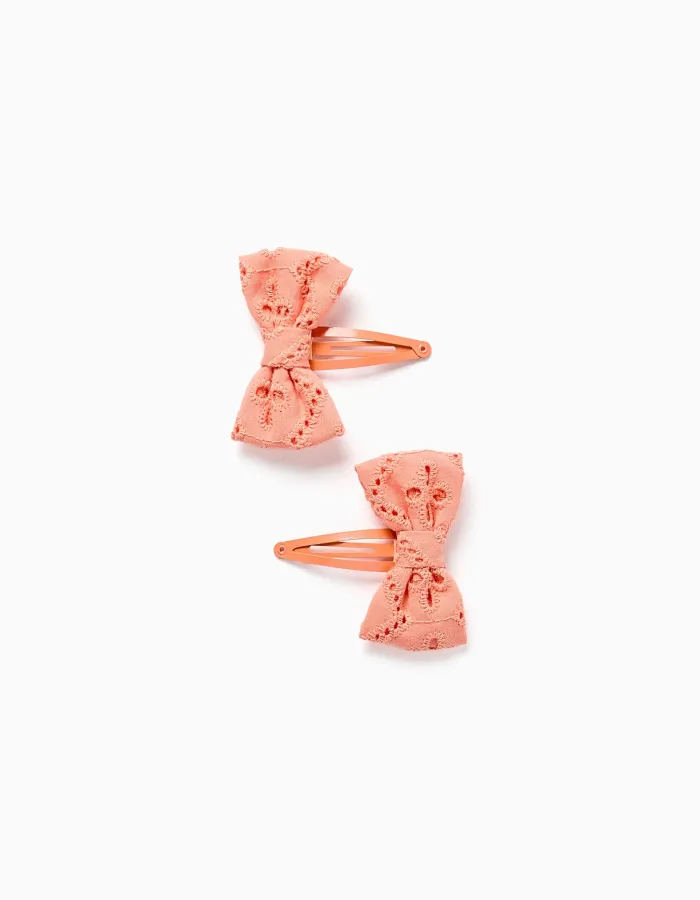 2 hair clips with bows in broderie anglaise for babies and girls, orange