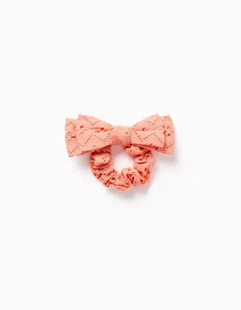 Scrunchie with bow in broderie anglaise for babies and girls, orange