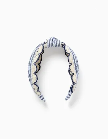 Alice band with stripes and crochet trim for girls, blue/white