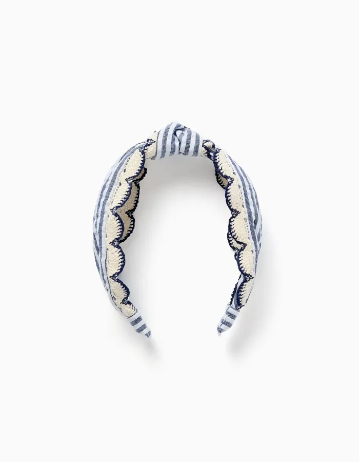 Alice band with stripes and crochet trim for girls, blue/white