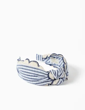 Alice band with stripes and crochet trim for girls, blue/white