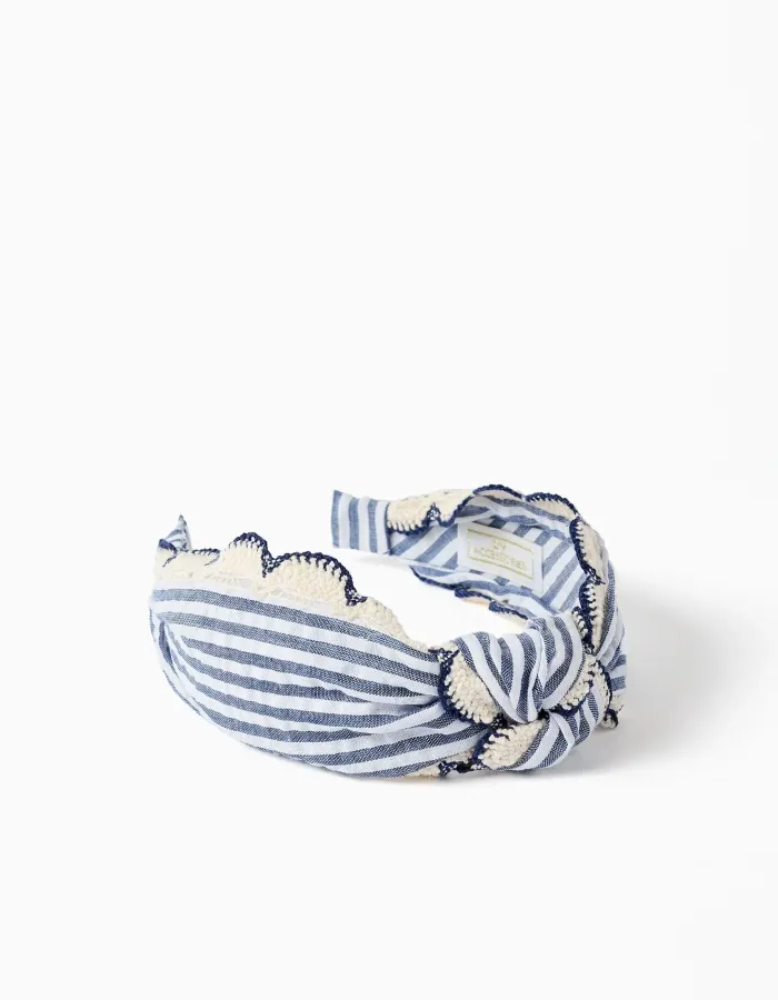 Alice band with stripes and crochet trim for girls, blue/white