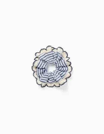 Striped scrunchie with crochet trim for girls, blue/white