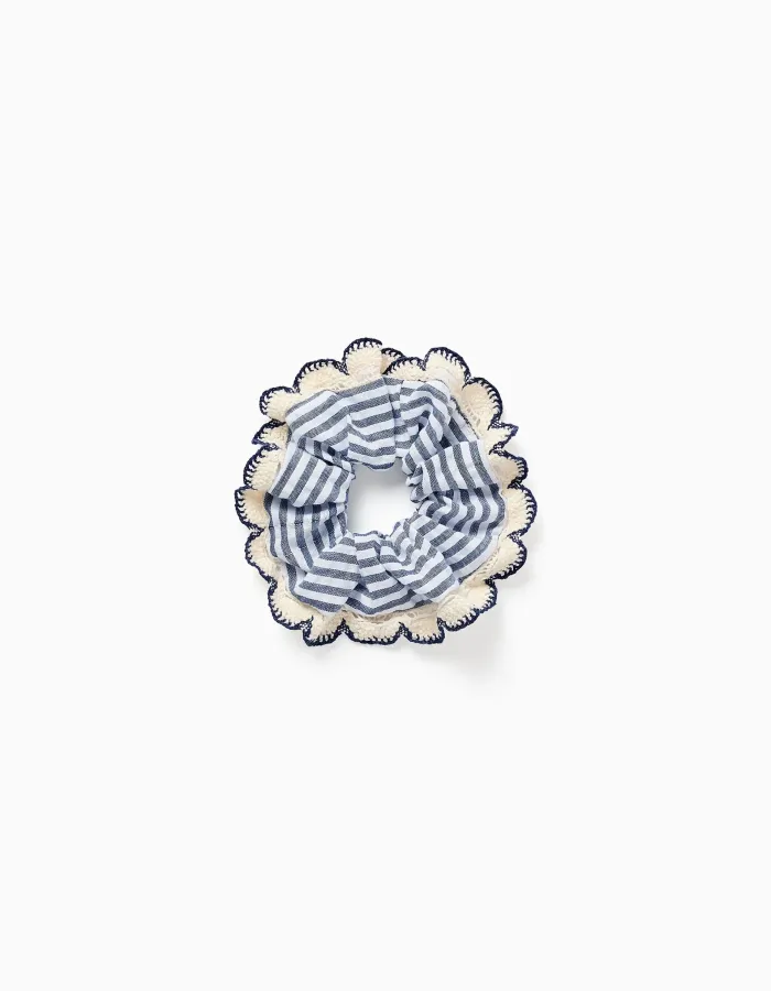 Striped scrunchie with crochet trim for girls, blue/white