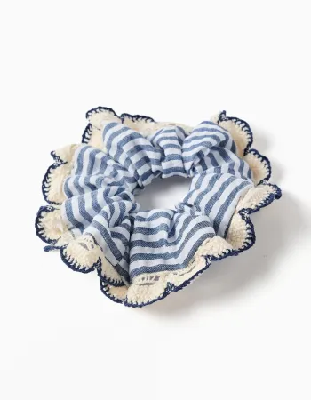 Striped scrunchie with crochet trim for girls, blue/white