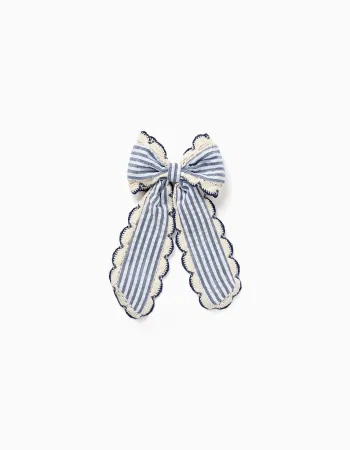 Hair slide with striped bow with crochet trim for girls, blue/white