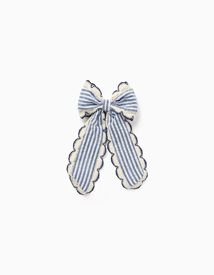 Hair slide with striped bow with crochet trim for girls, blue/white