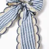 Hair slide with striped bow with crochet trim for girls, blue/white
