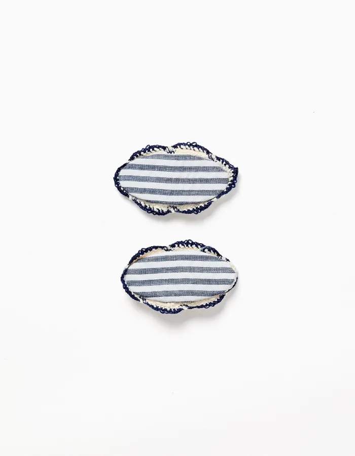 Pack of 2 striped oval barrette hair clips for girls, blue/white