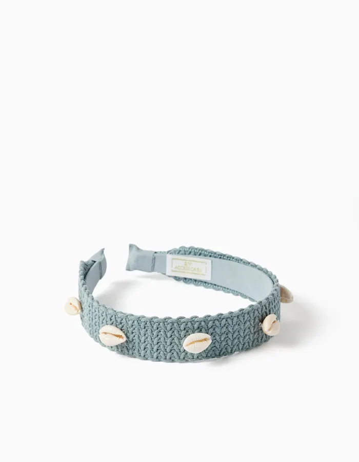 Alice band with cowrie shell application for girls, light green
