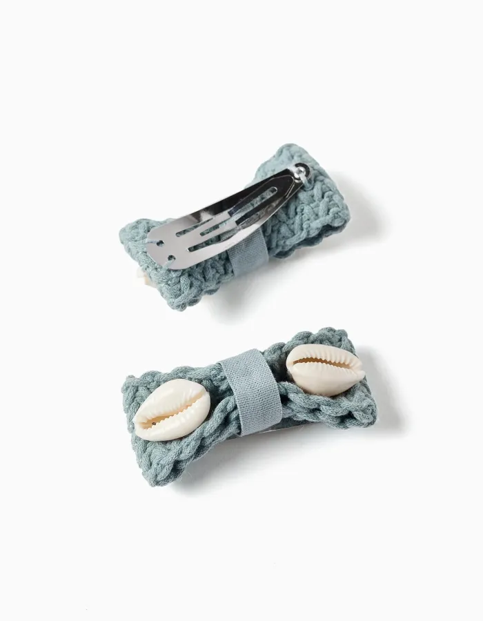 Pack of 2 hair clips with cowrie shells for babies and girls, green