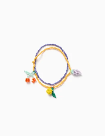 Pack of 2 beaded bracelets with fruit pendants for girls, yellow/purple