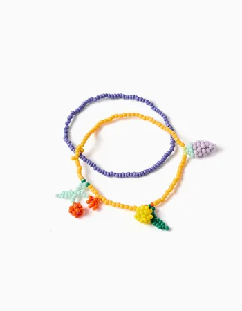 Pack of 2 beaded bracelets with fruit pendants for girls, yellow/purple