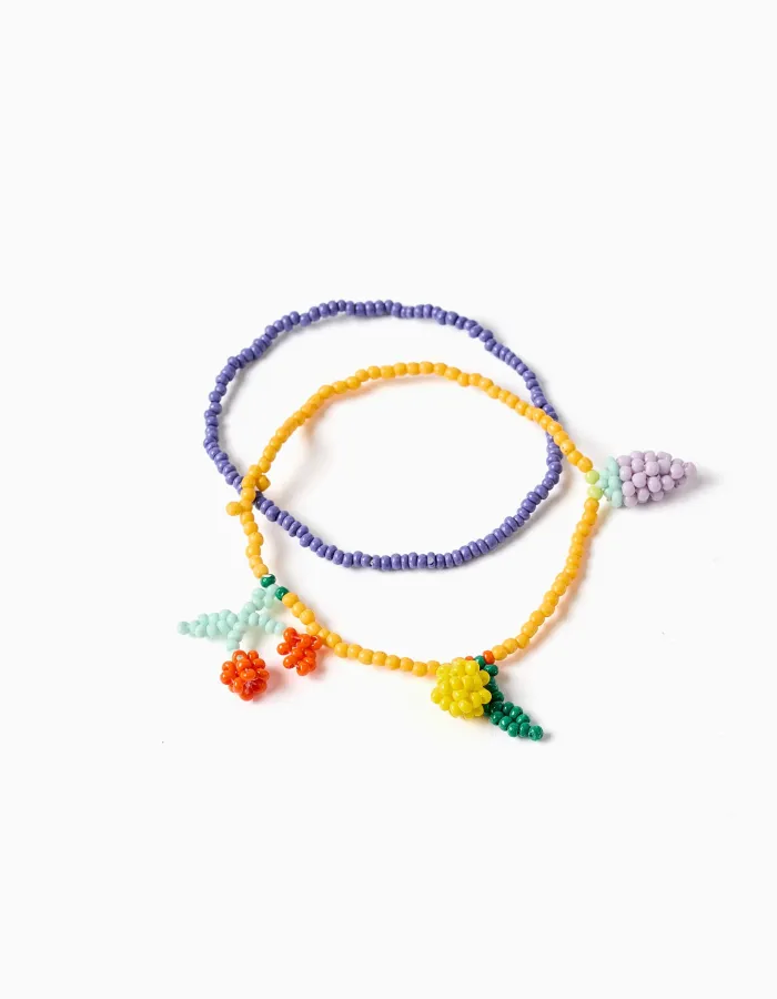Pack of 2 beaded bracelets with fruit pendants for girls, yellow/purple